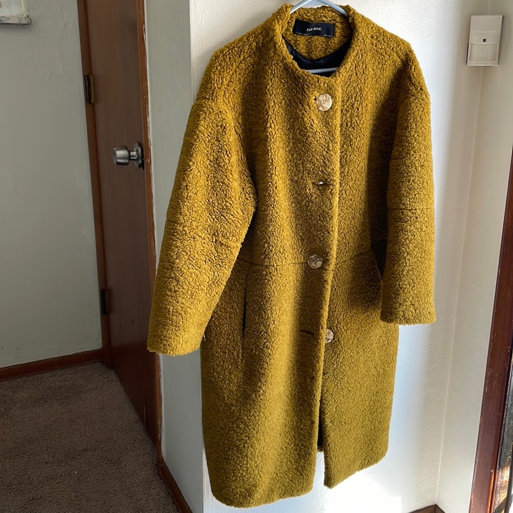 ZARA Gold/Greenish Button-Up Textured Coat